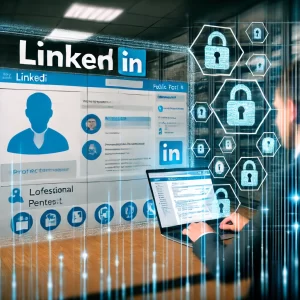 Dall·e 2024 12 22 15.27.43 A Conceptual Illustration Of Linkedin Being Analyzed By Cybersecurity Professionals, Showing A Split Screen Effect. On One Side, A Linkedin Profile Wi